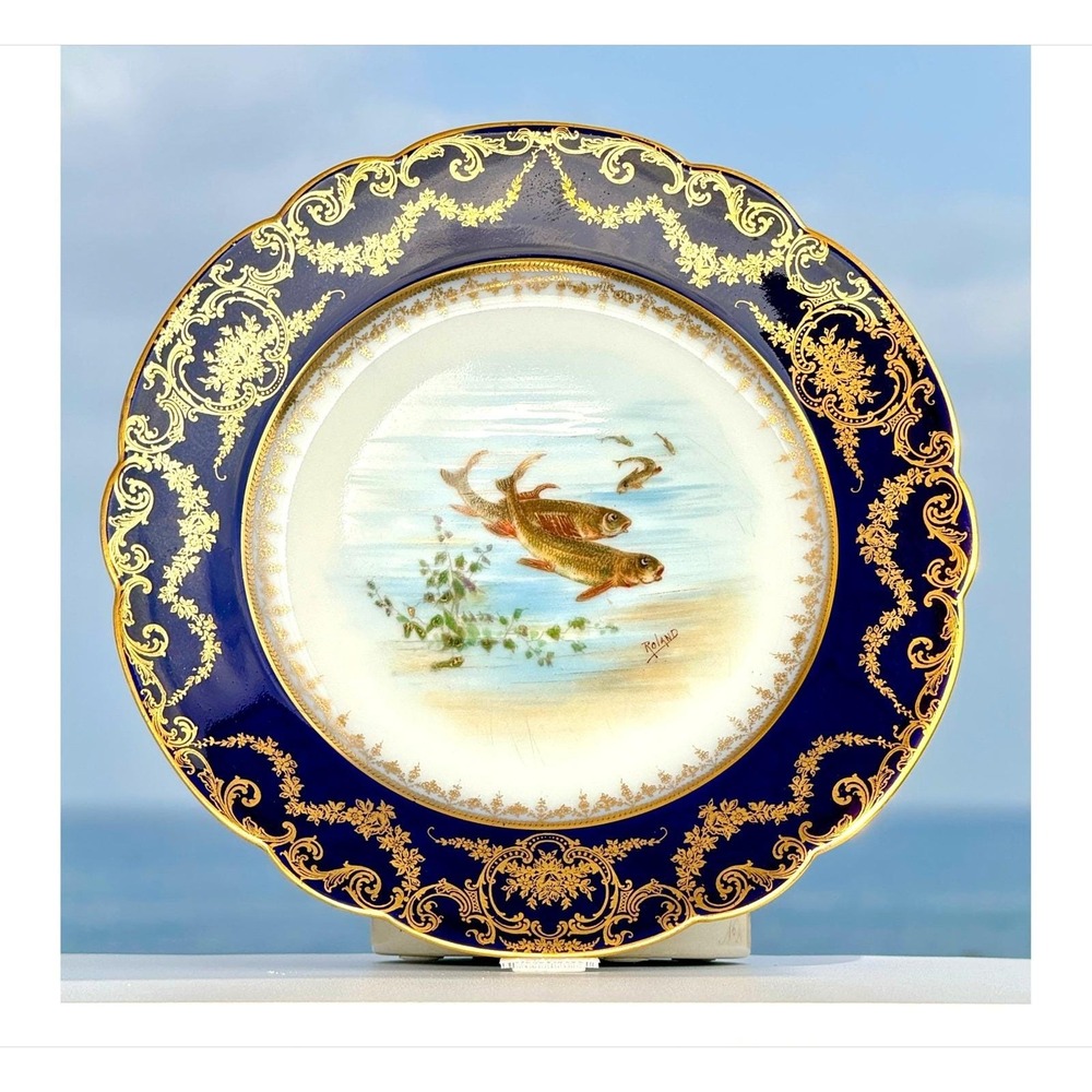 Antique Limoges Fish Plate Cobalt‎ Blue Possibly 22K Gold Gilt Signed Roland